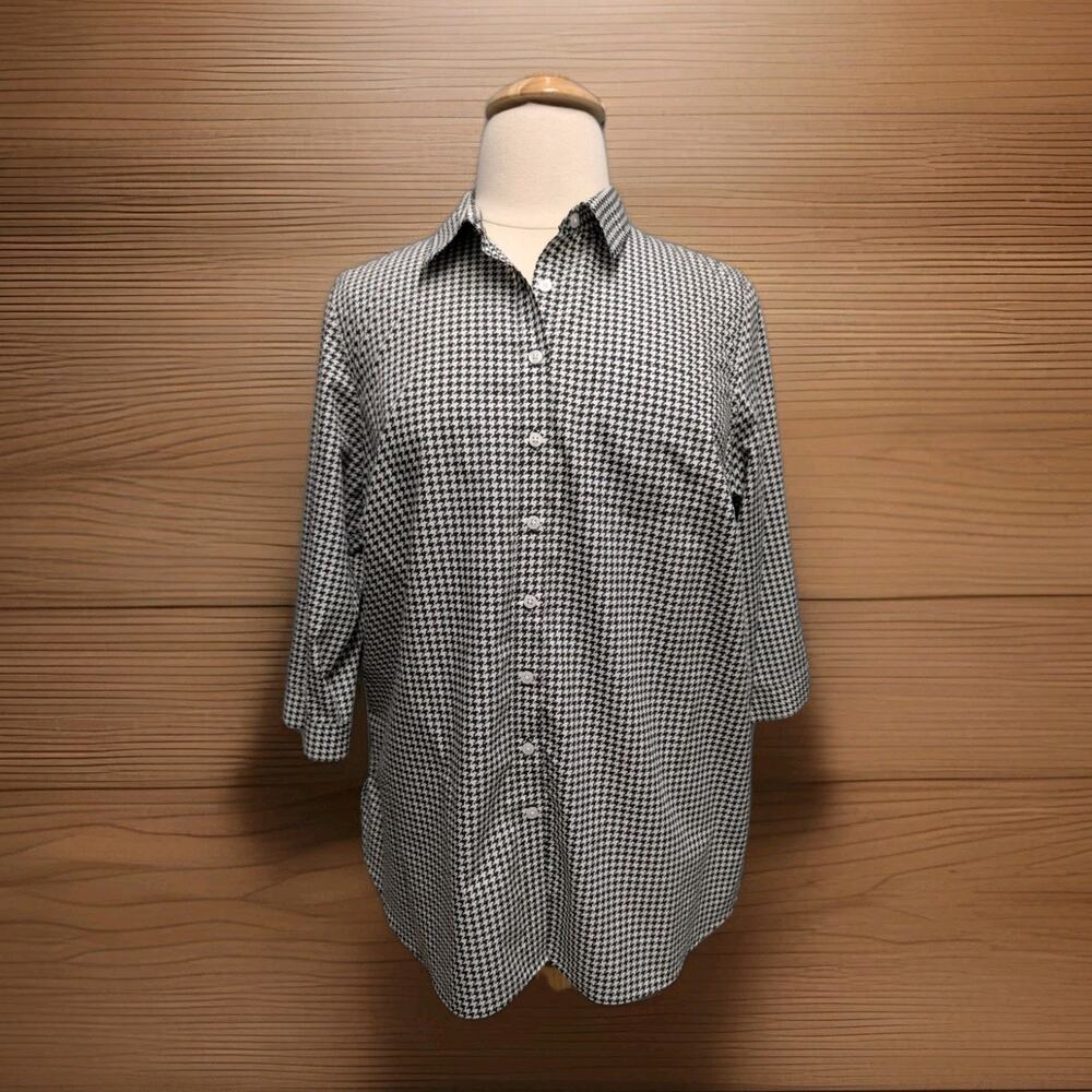 LANDS' End Shirt Size 20 Black White Houndstooth Button Supima 3/4 Sleeve